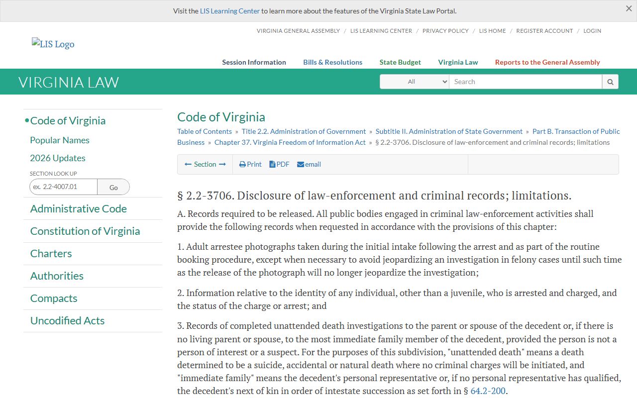 Craig County jail mugshots Virginia law adult arrestee photographs statute